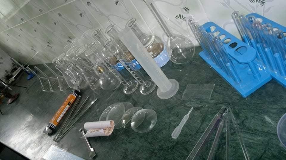 Laboratory glassware laid out for a practical at BIORTON