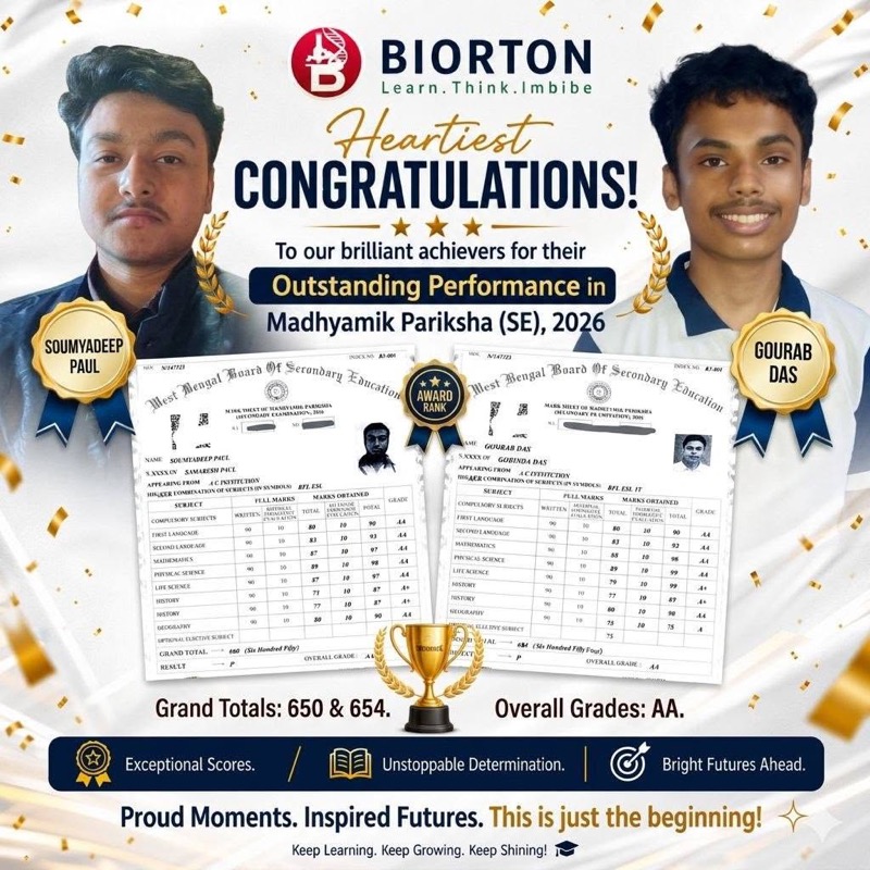 BIORTON students Soumyadeep Paul and Gourab Das — Madhyamik 2026, grand totals 650 and 654