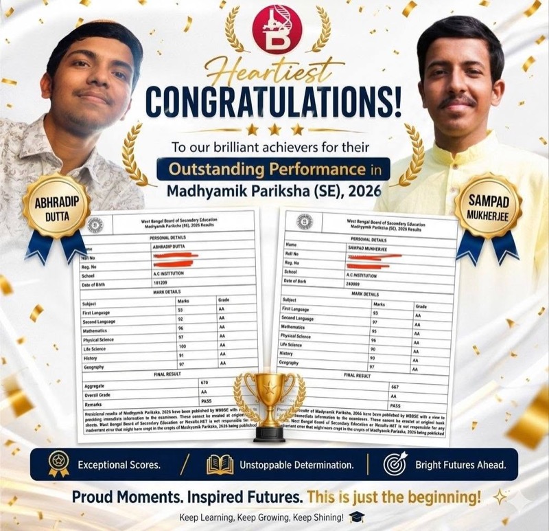 BIORTON students Abhradip Dutta and Sampad Mukherjee — Madhyamik 2026, aggregates 670 and 667